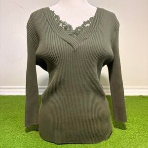 Vintage Y2K August Silk Size XL Ribbed V-Neck Lace Trim Twilightcore Long Sleeve